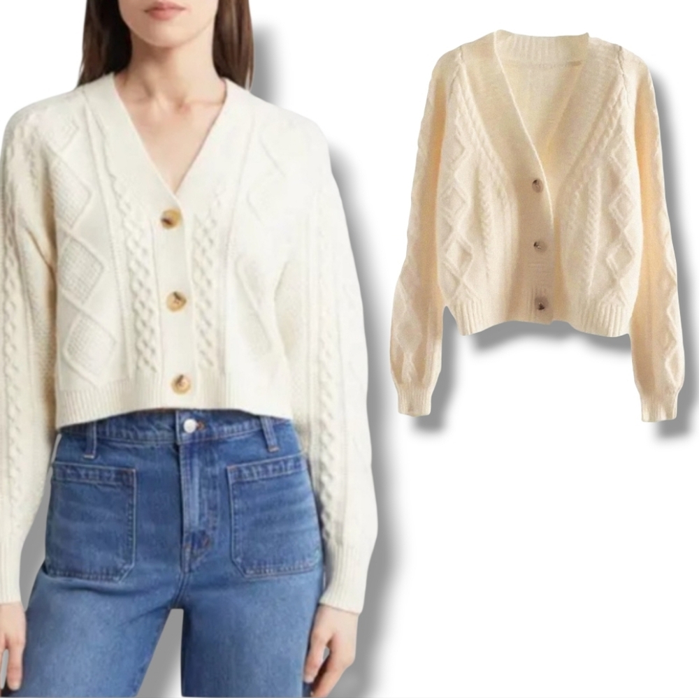 Women's Cream Oversized V-Neck Cable Knit Cropped Cardigan Sweater